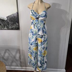 Floral Halter Jumpsuit - Blue and Yellow
